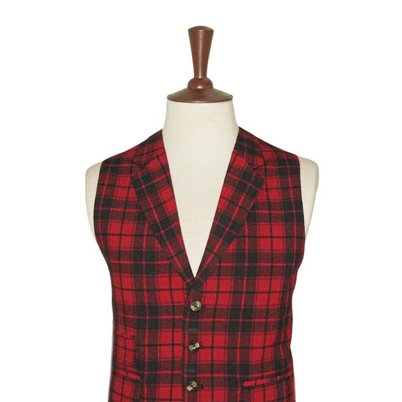 Mens Plaid Vest 46R Red Black Wool Waistcoat Preppy Wedding Party Formal Casual - Picture 3 of 8